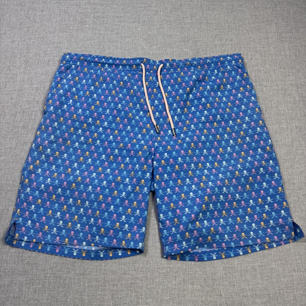 Peter Millar Skull Print Seaside Collection Swim Trunks Shorts Mens M Blue Lined